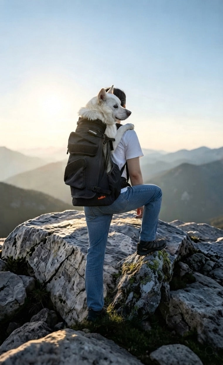 Person standing on a rocky summit at sunrise with a dog riding in an ABUBA4 on their back