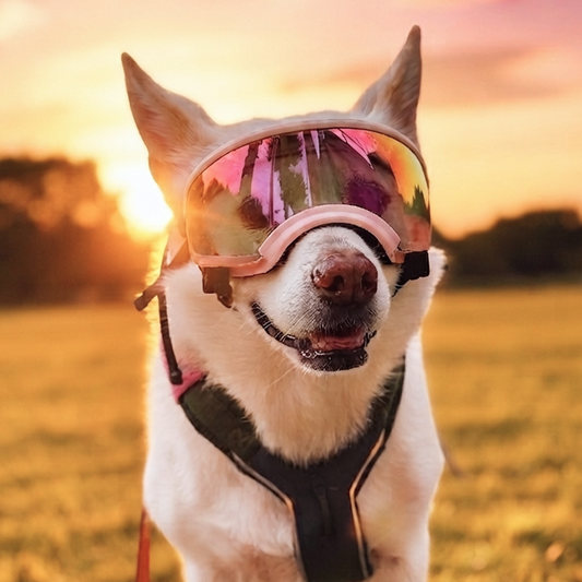 Dog wearing pink-frame KYUNGLAS goggles with a mirrored lens in a field at sunset