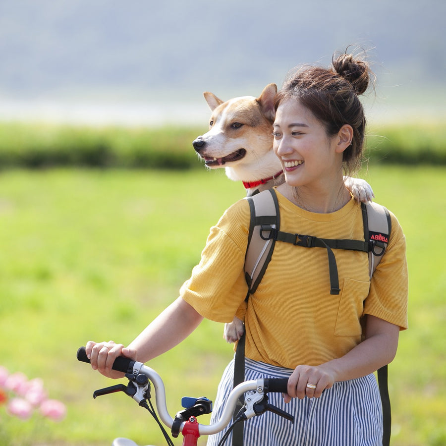 Smiling woman walking a bicycle with a corgi looking over her shoulder from an ABUBA LITE2